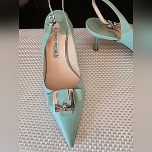 $650 Luciano Padovan Mint Green Pointed Toe Slingback Pumps IT 37.5 Made In Ital